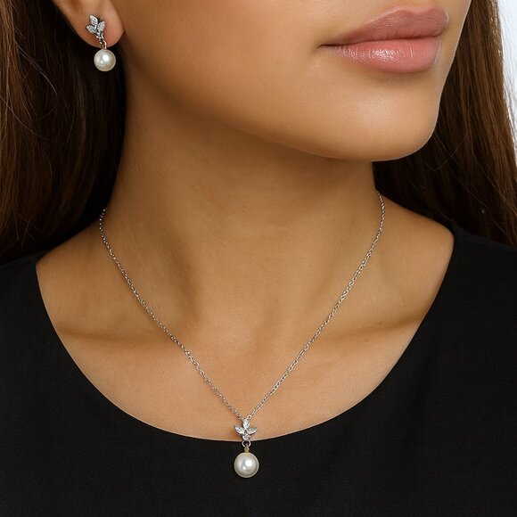 Believe by Brilliance Jewelry - Believe By Brillance Fine Siver Plated Cubic Zirconia & Simulated Pearl Set